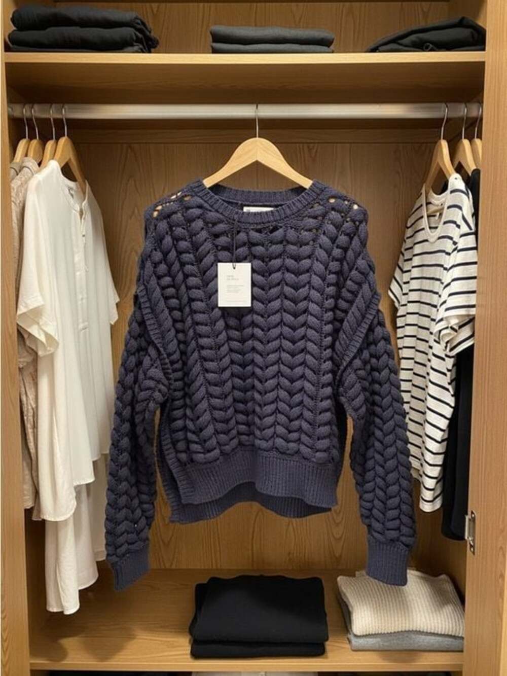 KBB BY KAHLANA Navy Chunky Braided Cable Crewneck Sweater